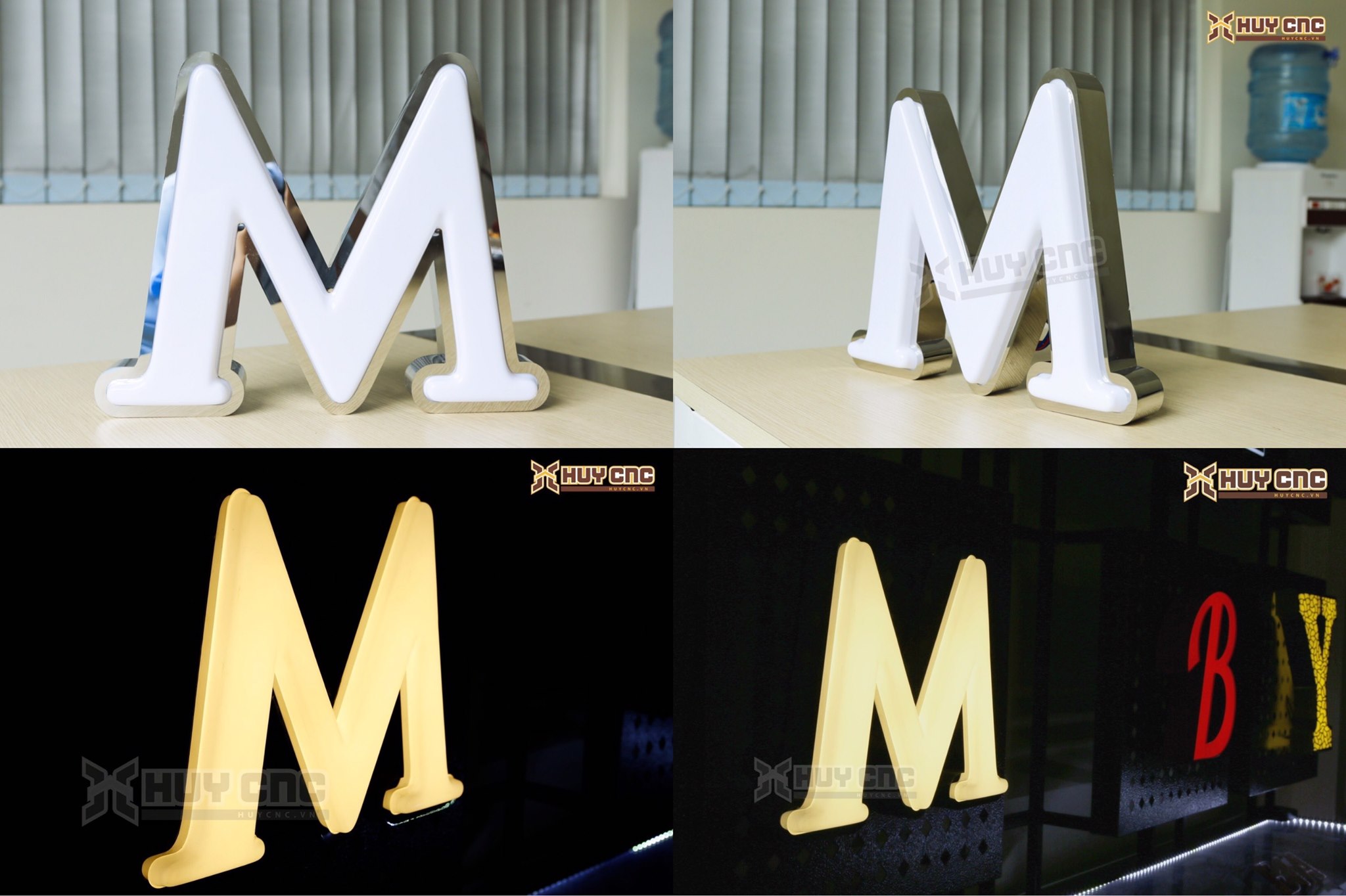 Chữ mica hút nổi lọng viền kim loại kèm đèn led